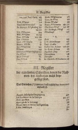 III. Register der erwehnten Schriften, denen die Nahmen der Auctorum nicht beygefügt sind.