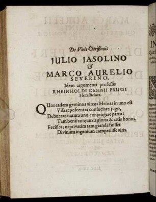 De Viris Clarissimis Julio Jasolino & Marco Aurelio Severino [...]