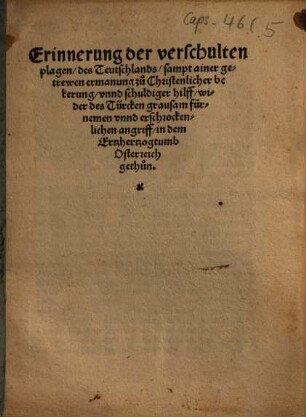 Erinnerung der verschulten plagen des Teutschlands : sampt ainer getrewen ermanung zu Christenlicher bekerung, vnnd schuldiger hilff, wider des Türcken grausam fürnemen vnnd erschrockenlichen angriff, in dem Ertzhertzogtumb Osterreich gethun