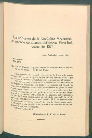 La adhesión de la República Argentina al tratado de alianza defensiva Perú-boliviano de 1873 - [Continuación]