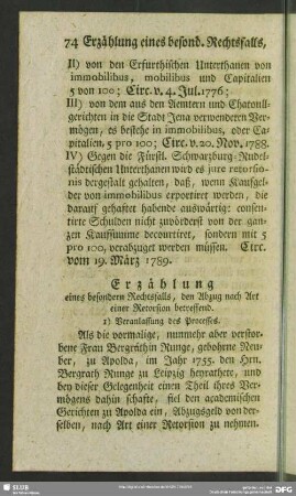 Erzählung eines besondern Rechtsfalls, den Abzug nach Art einer Retorsion betreffend