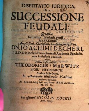 Disputatio juridica de successione feudali