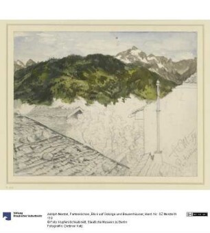 Partenkirchen, Blick auf Gebirge und Bauernhäuser