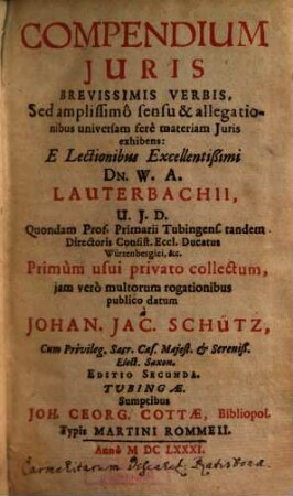 Compendium Juris Brevissimis Verbis : sed amplissimo sensu & allegationibus universam fere materiam juris exhibens: e lectionibus ... Lauterbachii ... collectum jam vero multorum rogationibus