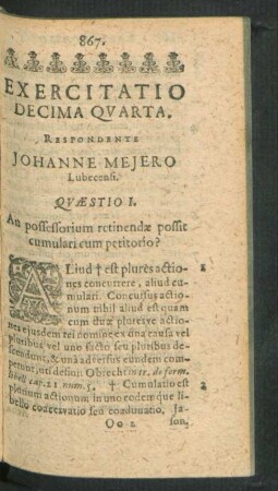 Exercitatio Decima Quarta. Respondente Johanne Mejero