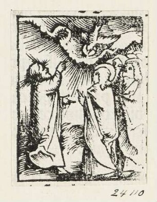 Jesus verheißt seinen Jüngern den heiligen Geist, Blatt 34 aus: "Postilla Guillermi super Epistolas et Euangelia", Basel 1515