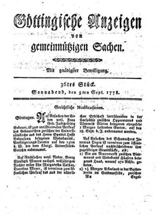 36tes Stück. Sonnabend, den 5ten Sept. 1778.