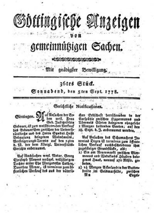 36tes Stück. Sonnabend, den 5ten Sept. 1778.