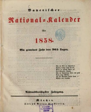 Bayerischer National-Kalender : für .... 1858, 1858 = Jg. 38