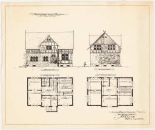 St. Antonius Einsiedler (mit Pfarrhaus), Heggen Erweiterung: Pfarrhaus: Grundriss Erd- und Obergeschoss und Vorder- und Seitenansicht 1:100