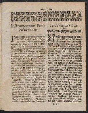 Instrumentum Pacis Passaroviciensis = Instrumentum Deß Passarowitzischen Friedens
