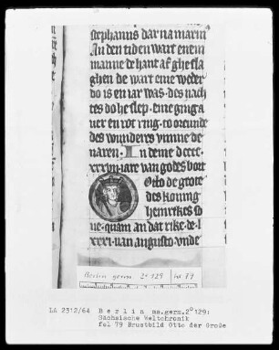 Sächsische Weltchronik (bis zum Jahre 1229) — Phantasieportrait Kaiser Otto der Große, Folio 79recto