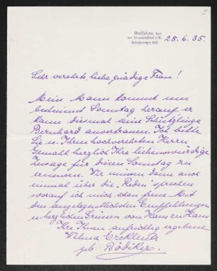 Brief von Wilma Ercklentz an Margarete Hauptmann