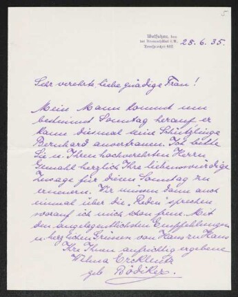 Brief von Wilma Ercklentz an Margarete Hauptmann