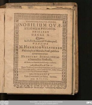 Nobilium Quaestionum Philosophicarum Decas X.