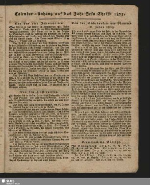 Calender-Anhang auf das Jahr Jesu Christi 1823