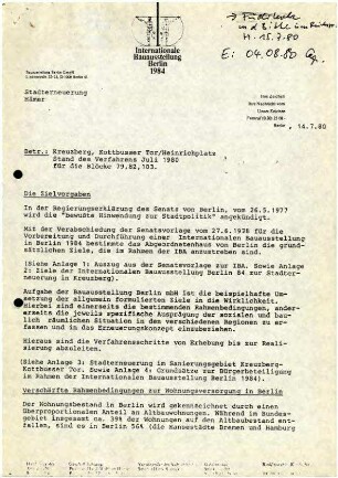 Arbeitspapier: Stadterneuerung Kottbusser Tor/Heinrichplatz, Stand Juli 1980