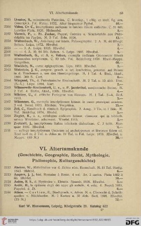 VI. Altertumskunde (Geschichte, Geographie, Recht, Mythologie, Philosophie, Kulturgeschichte) (Nr. 2372 - 2745)