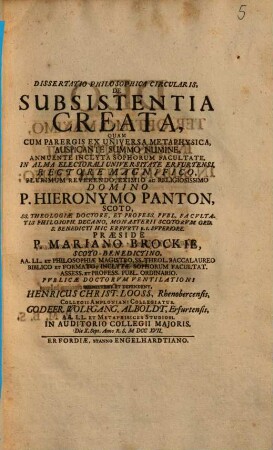 Dissertatio philosophica circularis, de subsistentia creata ... Die X. Sept. Anno R. S. MDCCXVII