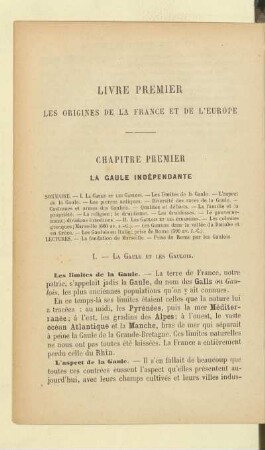 Livre premier Les origines de la France et de l'Europe