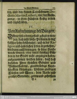 IV. Auf Aufnehmunge der Bürgere