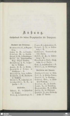 Anhang. (Enthaltend die besten Bezugsquellen für Tapezierer)