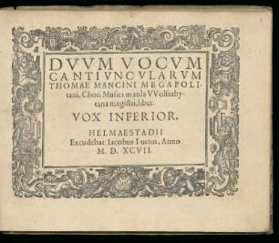 Duette und Bicinien, vokal und instrumental, lat. dt. frz. Vox Inferior