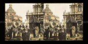 Markt auf dem Piazza Duomo mit Kathedrale Sant'Agata und Badia di Sant'Agata im Hintergrund, Catania