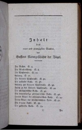 Inhalt des neun und zwanzigsten Bandes von Buffons Naturgeschichte der Vögel