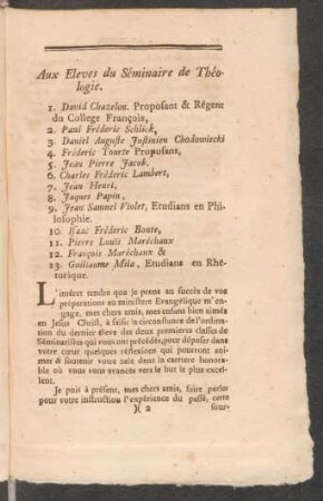 Aux Eleves du Séminaire de Théologie.
