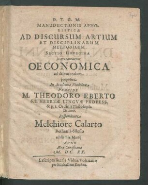 Manuductionis Aphoristicae Ad Discursum Artium Et Disciplinarum Methodicum Sectio Undecima