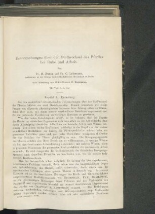 Untersuchungen über den Stoffwechsel des Pferdes bei Ruhe und Arbeit