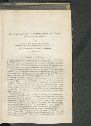 Untersuchungen über den Stoffwechsel des Pferdes bei Ruhe und Arbeit