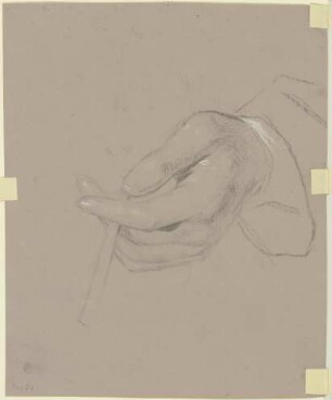 Linke Hand, einen Stift oder eine Zigarette (?) haltend