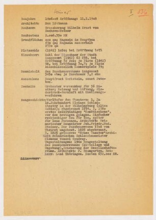 Hoftheater, Weimar: Schriftstück zum Fragebogen für das Handbuch »Das Deutsche Theater«