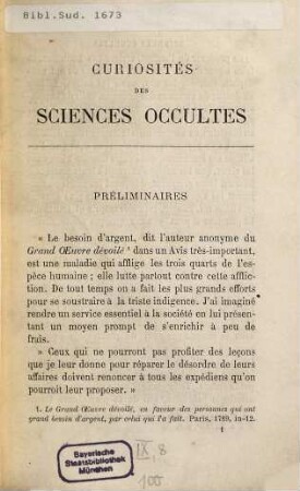 Curiosités des sciences occultes