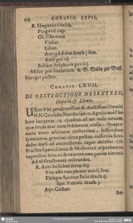 Curatio LXVII. [Curatio LXIX.] De Obstructione Mesenterii, Hepatis et Lienis