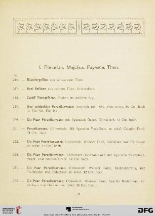 1. Porzellan, Majolica, Fayence, Thon (Nr. 216-362)