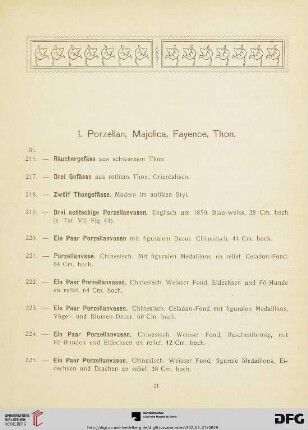 1. Porzellan, Majolica, Fayence, Thon (Nr. 216-362)