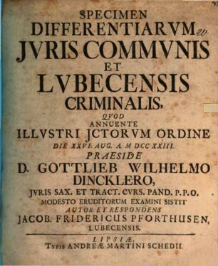 Specimen Differentiarvm Jvris Commvnis Et Lvbecensis Criminalis