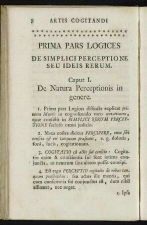 Prima Pars Logices De Simplici Perceptione Seu Ideis Rerum.