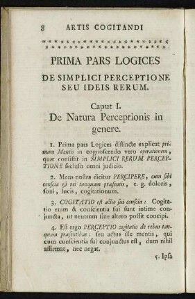 Prima Pars Logices De Simplici Perceptione Seu Ideis Rerum.