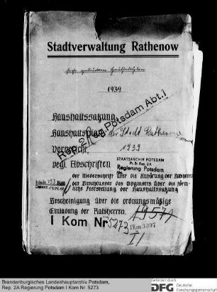 Haushaltsplan der Stadtverwaltung Rathenow für das Rechnungsjahr 1939