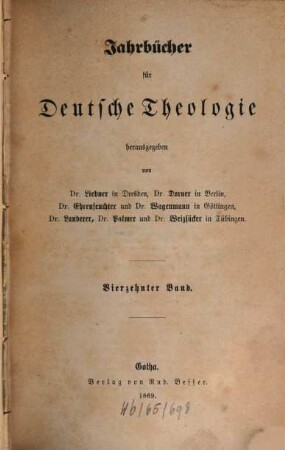 Jahrbücher für deutsche Theologie. 14. 1869