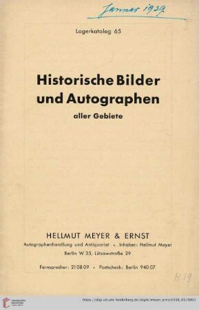 Nr. 65: Lager-Katalog: Historische Bilder und Autographen aller Gebiete