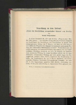 Bemerkung zu dem Referat: "Ueber die Esterbildung aromatischer Säuren" von Bredig.