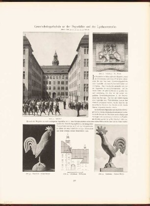 Gemeindedoppelschule an der Pappelallee und der Lychener Straße, Berlin: Ansicht Schulhof, Ansicht von der Hofseite Lehrerhaus, Details (aus: Neubauten der Stadt Berlin, Bd. V, 1907)