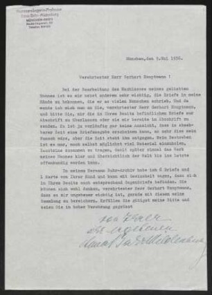 Brief von Anna Bahr-Mildenburg an Gerhart Hauptmann