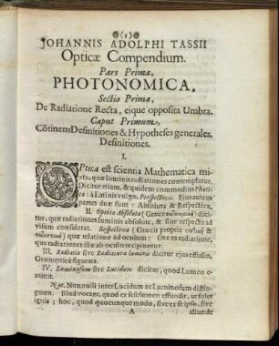 Sectio Prima, De Radiatione Recta, eique opposita Umbra.
