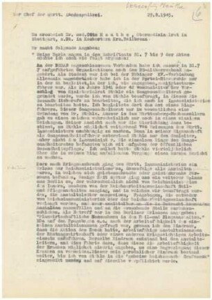 Strafsache Dr. Otto Mauthe - Aussage vor der Landespolizei am 29.08.1945 (Orginal und drei Abschriften) - Qu. 6